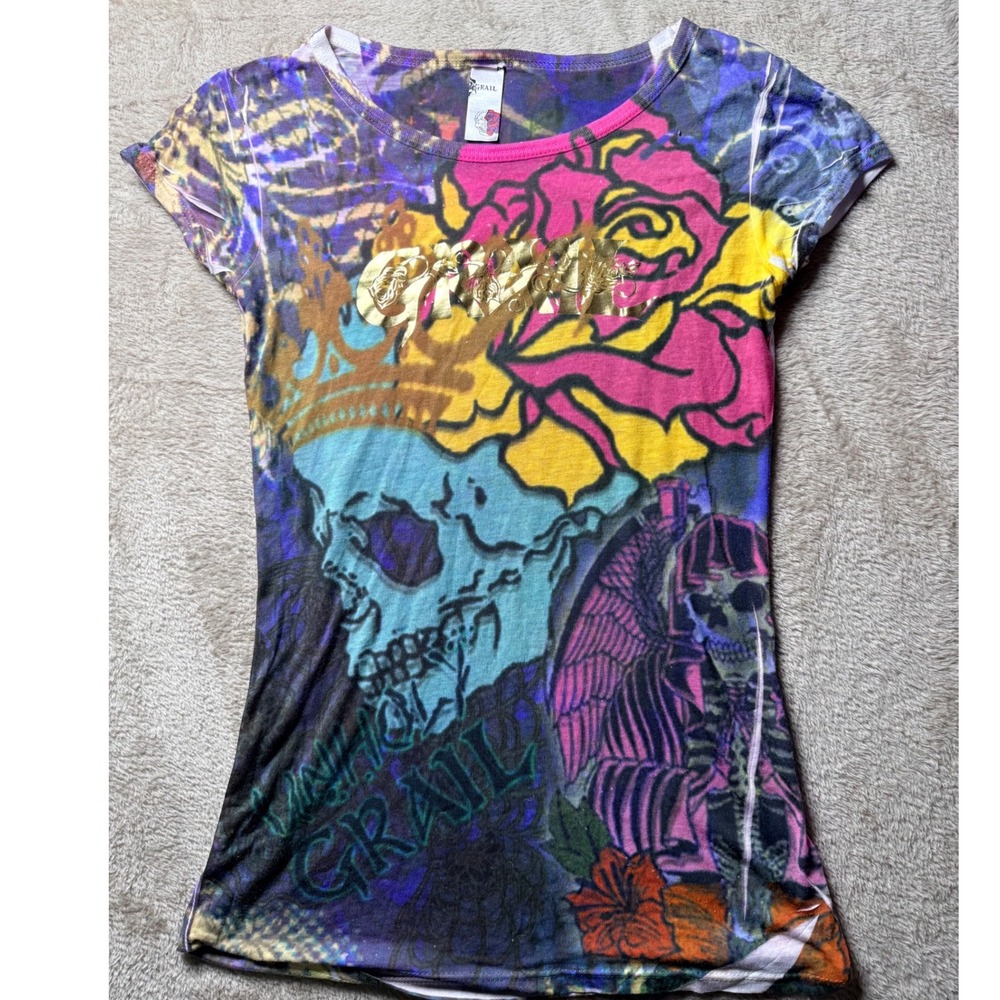Grail Unholy Y2K Skull Rose Graphic Tee M
 Size M Streetwear Edgy 2000s Grunge